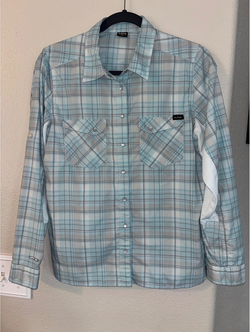 NRS Women's Long Sleeve Guide Shirt UPF 35 Plaid Pale Blue Size M